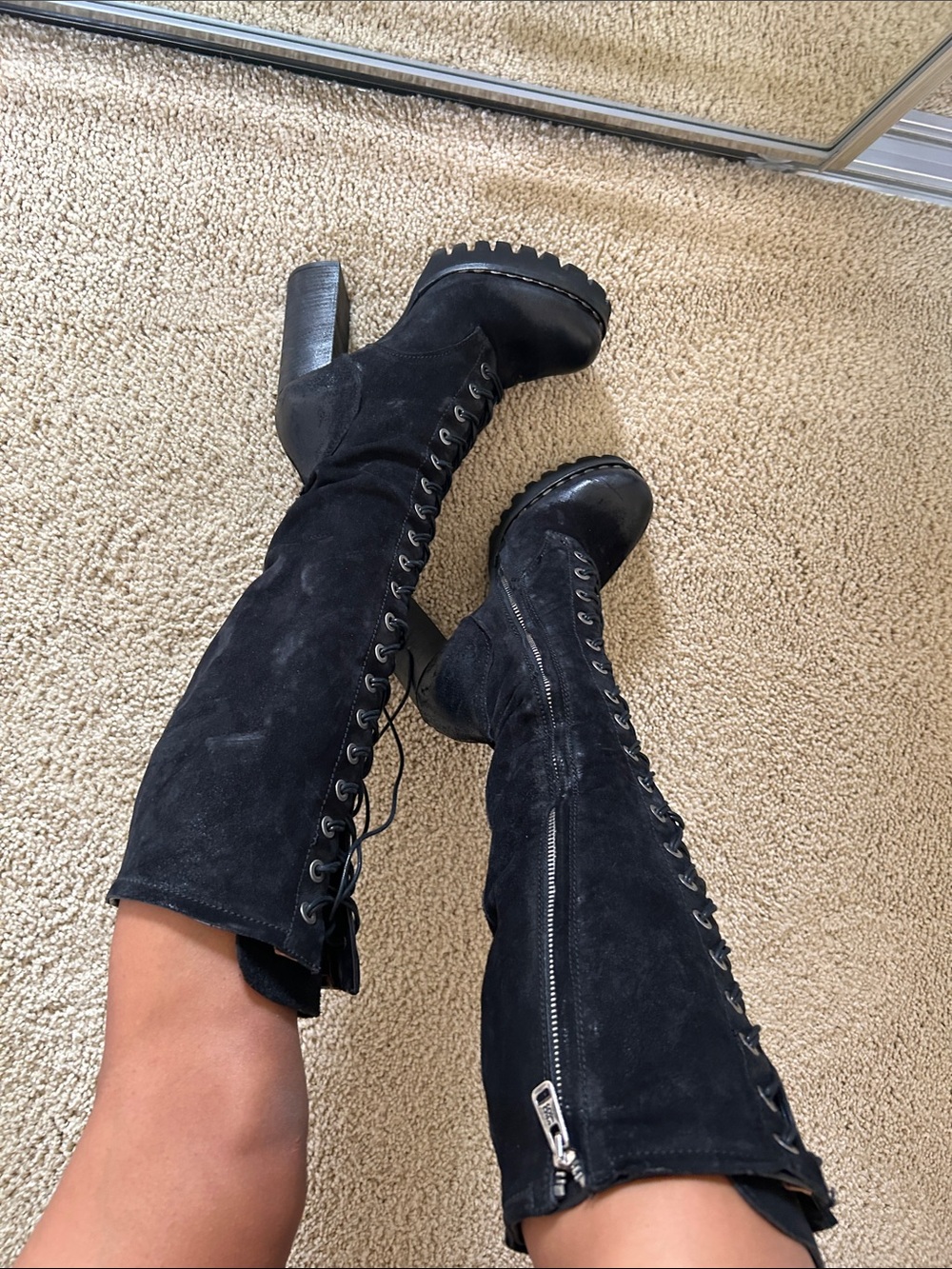 AS 98 Black Lace-Up Knee-High Block Heel Boots
